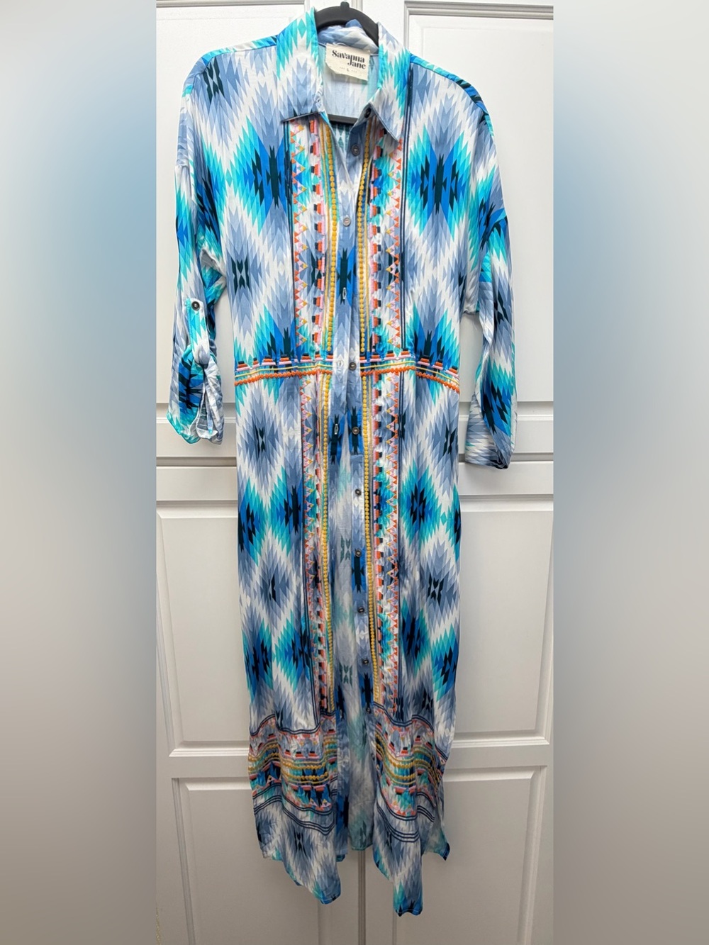 Savanna Jane Blue & Teal Aztec-Print Button-Front Duster/Dress